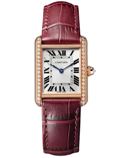 Authentic Cartier Tank Louis WJTA0037 18K Rose Gold Silver Dial Diamond Bezel Claret Alligator Leather Women's Watch