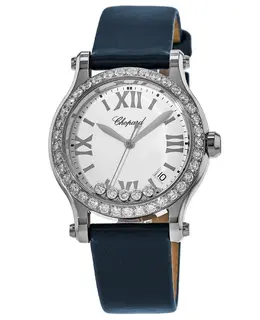 Chopard Happy Sport Medium 36mm Floating Diamonds Custom Diamond Bezel Navy Blue Satin Strap Women's Watch 278582-3001s-CD Blue