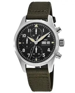 IWC Pilot's Spitfire Chronograph Black Dial Green Strap Men's Watch iw387901