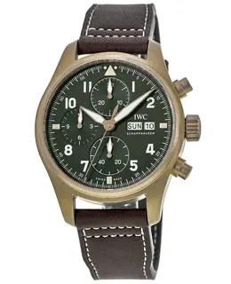 IWC Pilot's Spitfire Chronograph Green Dial Brown Leather Strap Men's Watch iw387902