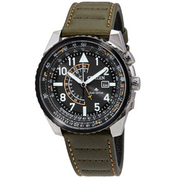 Citizen Eco-Drive Promaster Nighthawk Mens Watch bj7138-04e Black Dial Silver Stainless Steel Case Olive Green Leather Strap Fixed Black Ceramic Bezel Mineral Crystal 24 Hour Analog GMT Date Display Solar Powered