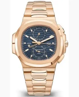 Patek Philippe Nautilus Travel Time Chronograph Blue Dial Rose Gold Men's Watch Model 5990/1R-001