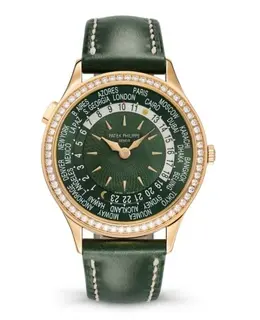 Patek Philippe Complications World Time Green Dial Diamond Rose Gold Leather Strap Women's Watch 7130r-014