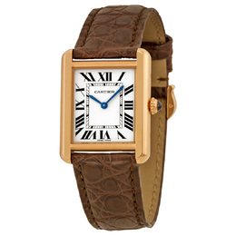 Pre-owned Cartier Tank Solo W5200024: Silver Dial Rectangle Ladies Watch with Brown Leather Strap and Rose Gold Bezel
