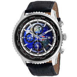 Seapro Meridian World Timer GMT Mens Watch - Blue Dial, Silver-tone Steel & Black Leather Strap