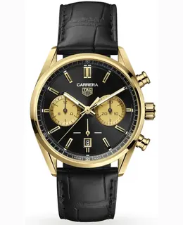 Tag Heuer Carrera Chronograph Automatic Black Dial Yellow Gold Leather Strap Men's Watch cbn2044.fc8313