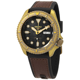 Seiko 5 Sports Mens Automatic SRPE80K1: Gold-tone Stainless Steel Case, Black Dial, Brown Leather Strap