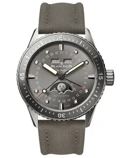 Authentic Blancpain Fifty Fathoms Bathyscaphe Caliber 6654P Complete Calendar Chronograph Automatic Moonphase Movement Titanium Case Grey Sail-canvas Strap Mens Watch Model: 5054-1210-G52A