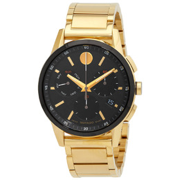 Movado Museum Sport Chronograph Quartz Black Dial Mens Watch 0607803, Yellow Gold-Tone Stainless Steel Case and Bracelet, Fixed Bezel, Analog Dial with Date Display