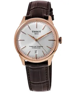 Tissot Chemin Des Tourelles Powermatic 80 - Men's Automatic Watch with Silver Dial and Brown Alligator Leather Strap (Model T13980736031)