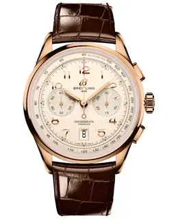 Brand New Authentic Breitling Premier B01 Chronograph 42 Cream Dial with Rose Gold Tone and Brown Alligator Leather Strap, Men's Watch - Model RB0145371G1P1