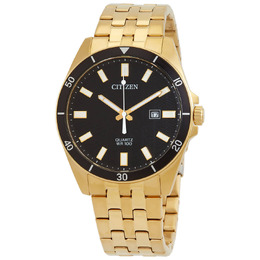 Citizen Quartz BI5052-59E Gold-tone stainless steel case and bracelet with black bezel. Black dial featuring analog time display, date function at 3 o'clock position, luminous hands, index hour markers, minute markers around outer rim.
