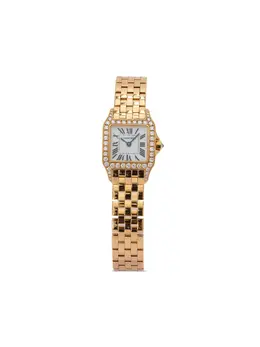 Cartier Santos Demoiselle Pre-Owned circa 2008 White Roman Dial 18Kt Yellow Gold Adjustable Link Bracelet Diamond Encrusted Bezel Square Face