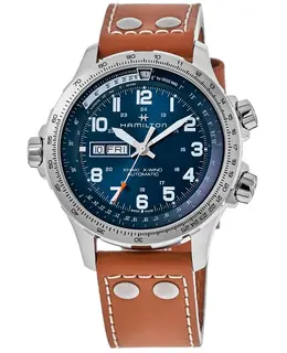 New Authentic Hamilton Khaki X-Wind Day Date Auto Blue Dial Brown Leather Strap Men's Watch Model H77765541