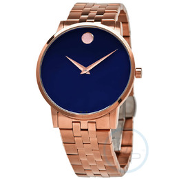 Movado Museum Series Mens Quartz Blue Dial Watch with Rose Gold PVD Stainless Steel Case