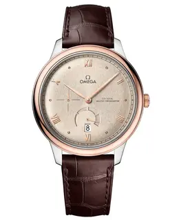 Omega De Ville Prestige Co-Axial Chronometer Power Reserve 41mm Linen Dial Brown Alligator Leather Strap Men's Watch Model 434.23.41.21.09.001