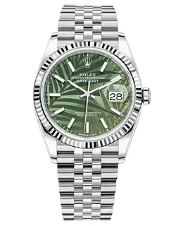 Rolex Datejust 36 - Women's Steel & White Gold Watch Model M126234-0047 with Olive Green Palm-Motif Dial