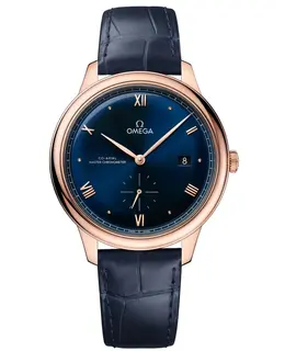 Omega De Ville Prestige Co-Axial Master Chronometer Small Seconds 41mm Blue Dial 18k Rose Gold Leather Strap Men's Watch 434.53.41.20.03.001 434.53.41