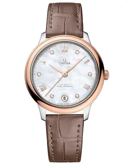 Omega De Ville Prestige Co-Axial Master Chronometer 34mm Mother of Pearl Diamond Dial Leather Strap Women's Watch 434.23.34.20.55.001 434.23.34.20.55.