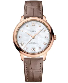 Omega De Ville Prestige Co-Axial Master Chronometer 34mm Mother of Pearl Diamond Dial 18k Rose Gold Leather Strap Women's Watch 434.53.34.20.55.001 43
