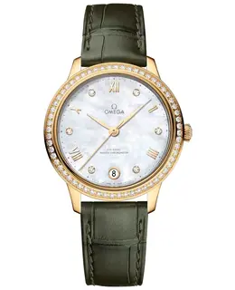 Omega De Ville Prestige Co-Axial Master Chronometer 34mm Automatic Mother of Pearl Dial Diamond Bezel Green Leather Strap Women's Watch 434.58.34.20.5 434.58.34.20.55.002