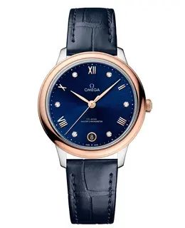 Omega De Ville Prestige Co-Axial Master Chronometer 34mm Blue Diamond Dial Leather Strap Women's Watch 434.23.34.20.53.001