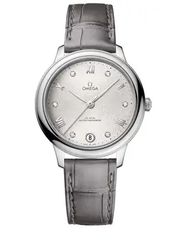 Omega De Ville Prestige Co-Axial Master Chronometer 34mm Silver Diamond Dial Leather Strap Women's Watch 434.13.34.20.52.001