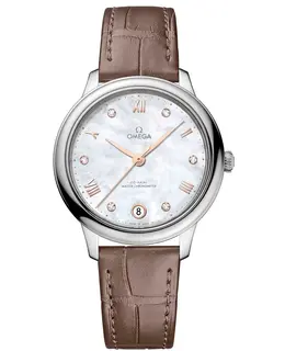 Omega De Ville Prestige Co-Axial Master Chronometer 34mm Mother of Pearl Diamond Dial Leather Strap Women's Watch 434.13.34.20.55.001 434.13.34.20.55.