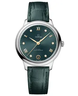 Omega De Ville Prestige Co-Axial Master Chronometer 34mm Green Diamond Dial Leather Strap Women's Watch 434.13.34.20.60.001