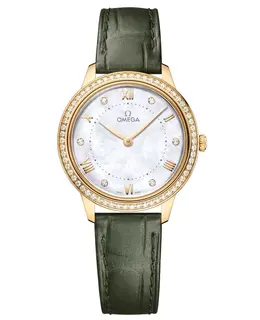 Omega De Ville Prestige Quartz 30mm Mother of Pearl Dial Diamond Bezel 18K Yellow Gold Green Leather Strap Women's Watch 434.58.30.60.55.002 434.58.30