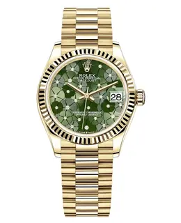 New Authentic Rolex Datejust 31 Yellow Gold with Olive Green Floral-Motif Diamond Dial Model M278278-0046