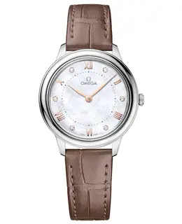 Omega De Ville Prestige Quartz 30mm Mother of Pearl Diamond Dial Leather Strap Women's Watch 434.13.30.60.55.001