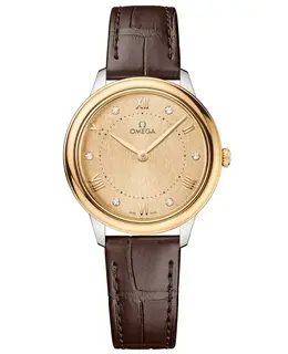 Omega De Ville Prestige Quartz 30mm Gold Diamond Dial Leather Strap Women's Watch 434.23.30.60.58.001