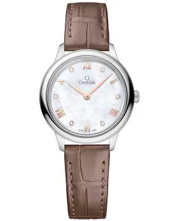 Omega De Ville Prestige Quartz 27.5mm Mother of Pearl Diamond Dial Leather Strap Women's Watch 434.13.28.60.55.001