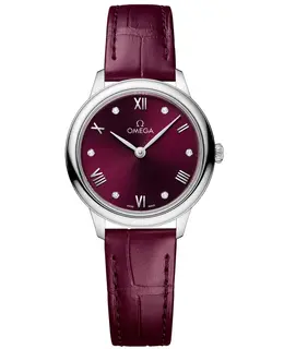 Omega De Ville Prestige Quartz 27.5mm Burgundy Diamond Dial Leather Strap Women's Watch 434.13.28.60.61.001