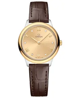 Omega De Ville Prestige Quartz 27.5mm Gold Diamond Dial Leather Strap Women's Watch 434.23.28.60.58.001
