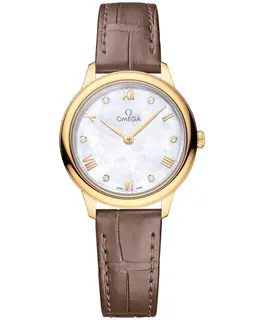 Omega De Ville Prestige Quartz 27.5mm Mother of Pearl Diamond Dial 18k Yellow Gold Leather Strap Women's Watch 434.53.28.60.55.002