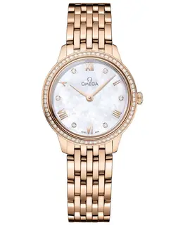Omega De Ville Prestige Quartz 27.5mm Mother of Pearl Dial Diamond Bezel 18K Rose Gold Women's Watch 434.55.28.60.55.001