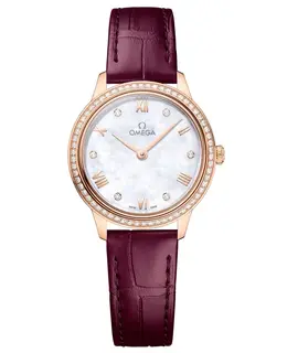Omega De Ville Prestige Quartz 27.5mm Mother of Pearl Dial Diamond 18k Rose Gold Leather Strap Women's Watch 434.58.28.60.55.001