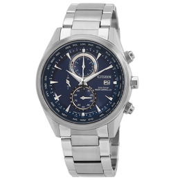 Citizen Eco-Drive Perpetual Alarm World Time Chronograph GMT Blue Dial Mens Watch AT8260-85L