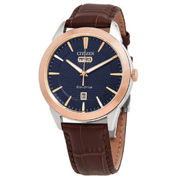 Citizen Eco-Drive AW0096-06L Mens Navy Dial Watch - Stainless Steel Case Brown Leather Strap