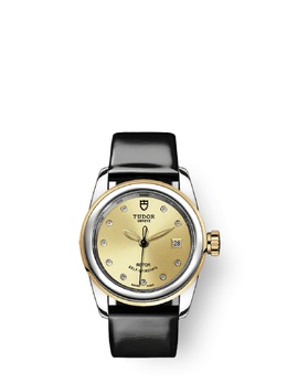 Tudor Glamour Date Automatic Diamond Champagne Dial Ladies Watch, Two-tone Stainless Steel Case with Black Leather Strap, 25 Jewels Movement. Item: 51003-0019