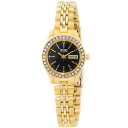 Citizen EQ0532-55E Ladies' Watch - Gold IP Stainless Steel, Black Dial with Date & Day Display