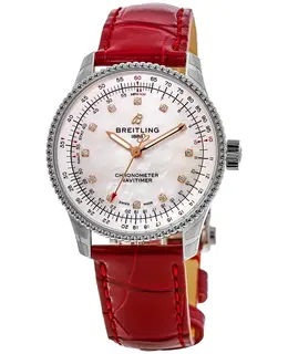 Brand New Authentic Breitling Navitimer Automatic 35 Mother of Pearl Diamond Dial Red Alligator Leather Strap Watch Model A17395211A1P6