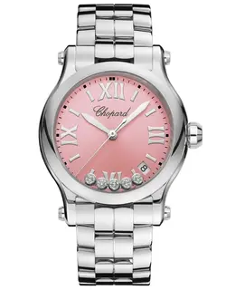 Chopard Happy Sport Medium 36mm Pink Dial Floating Diamonds Steel Women's Watch 278582-3009