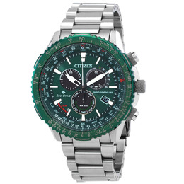 Citizen Promaster Air A-T Watch CB5004-59W Silver Stainless Steel Case, Green Dial, Eco Drive Atomic Chronograph World Time GMT Perpetual Calendar
