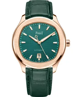 Piaget Polo Date Automatic Green Dial 18K Rose Gold Leather Strap Men's Watch g0a47010