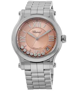 Chopard Happy Sport Medium Automatic 36mm 7 Floating Diamonds Pink Dial Steel Women's Watch 278559-3025