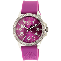 Juicy Couture Jetsetter Ladies Analog Purple Dial Stainless Steel Watch with Crystal Bezel and Rubber Strap (Model # 1900967)