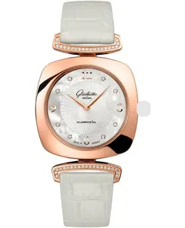 Glashutte Original Pavonina Women's Watch Model 1-03-02-04-5-30, Rose Gold Case with Mother of Pearl Dial, Diamond Crown & White Alligator Leather Strap